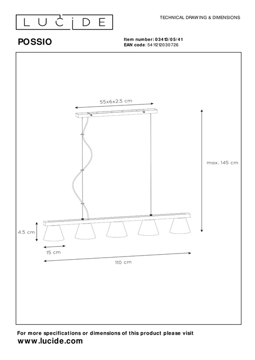 Lucide POSSIO - Hanglamp - 5xE14 - Grijs - technisch